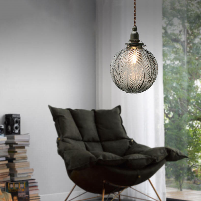 Lotus Glass Globe Pendant Light, Retro, Clear Smoke Gray Green, Adjustable