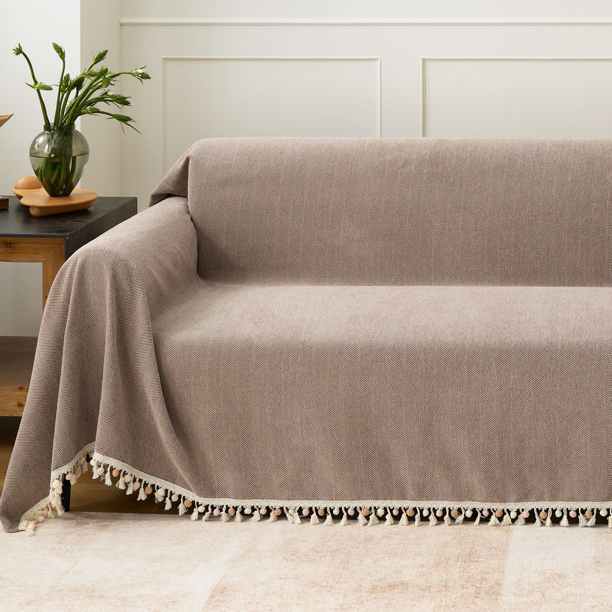Herringbone Tassel Chenille Sofa Cover for Pet Friendly Homes