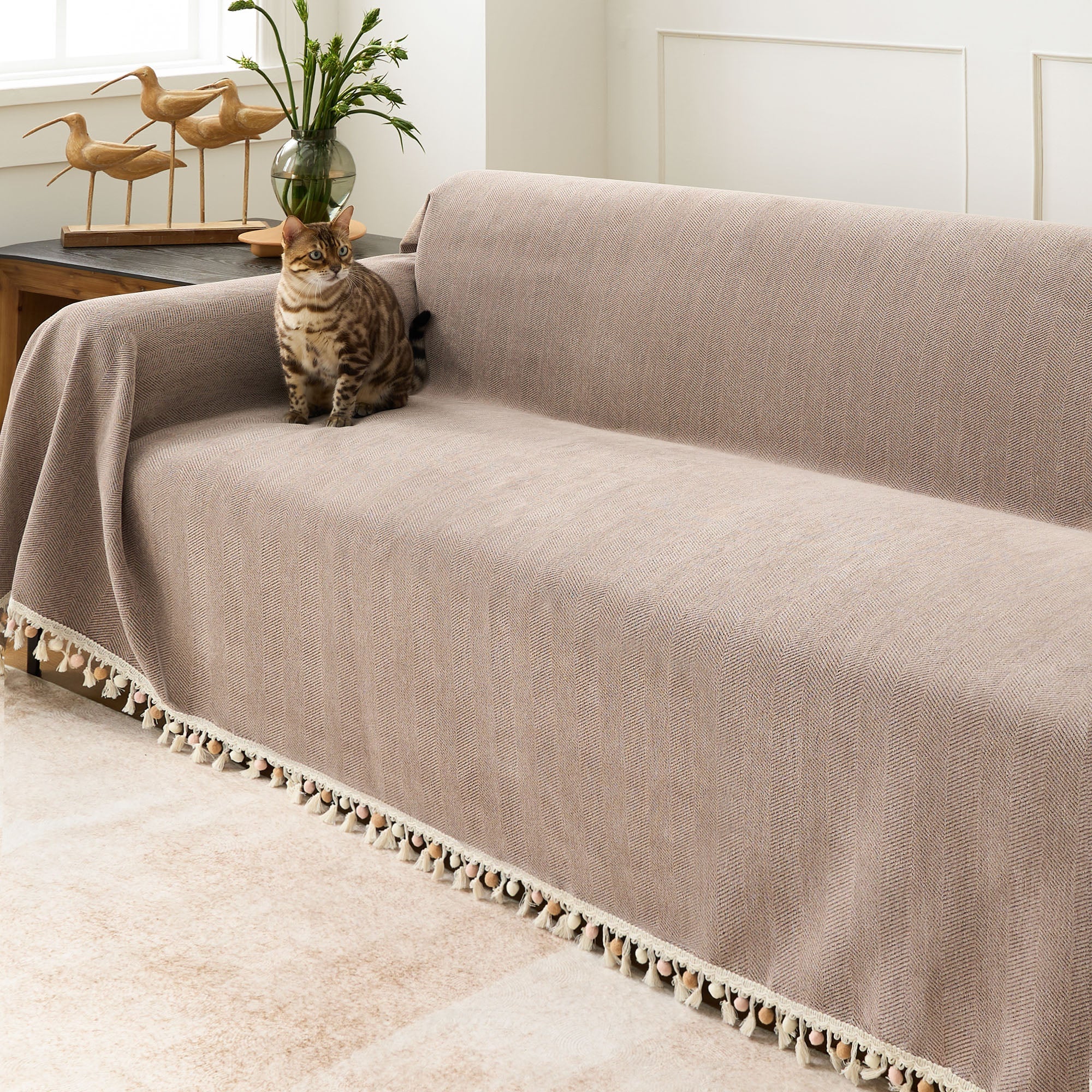 Herringbone Tassel Chenille Sofa Cover for Pet Friendly Homes