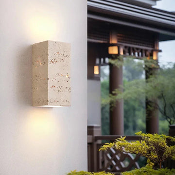 Natural Travertine Wall Sconce with Up-Down LED Illumination | Elegant Outdoor Wall Light for Cozy Ambiance