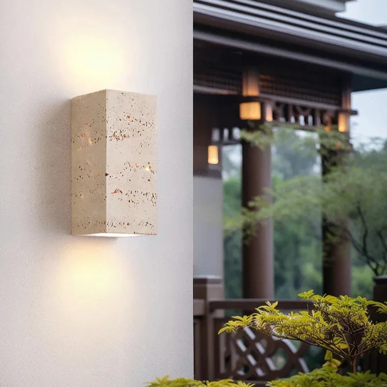 Natural Travertine Wall Sconce with Up-Down LED Illumination | Elegant Outdoor Wall Light for Cozy Ambiance