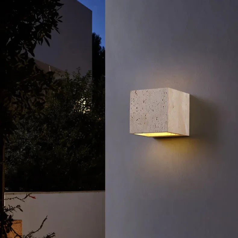 Natural Travertine Wall Sconce with Up-Down LED Illumination | Elegant Outdoor Wall Light for Cozy Ambiance