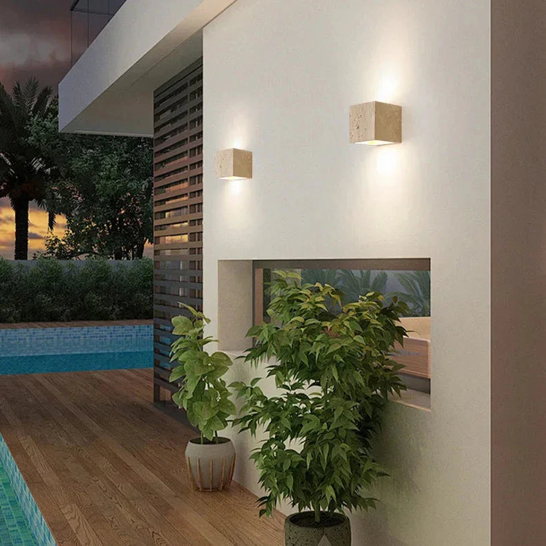 Natural Travertine Wall Sconce with Up-Down LED Illumination | Elegant Outdoor Wall Light for Cozy Ambiance