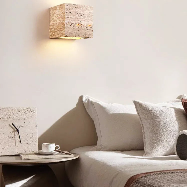 Natural Travertine Wall Sconce with Up-Down LED Illumination | Elegant Outdoor Wall Light for Cozy Ambiance