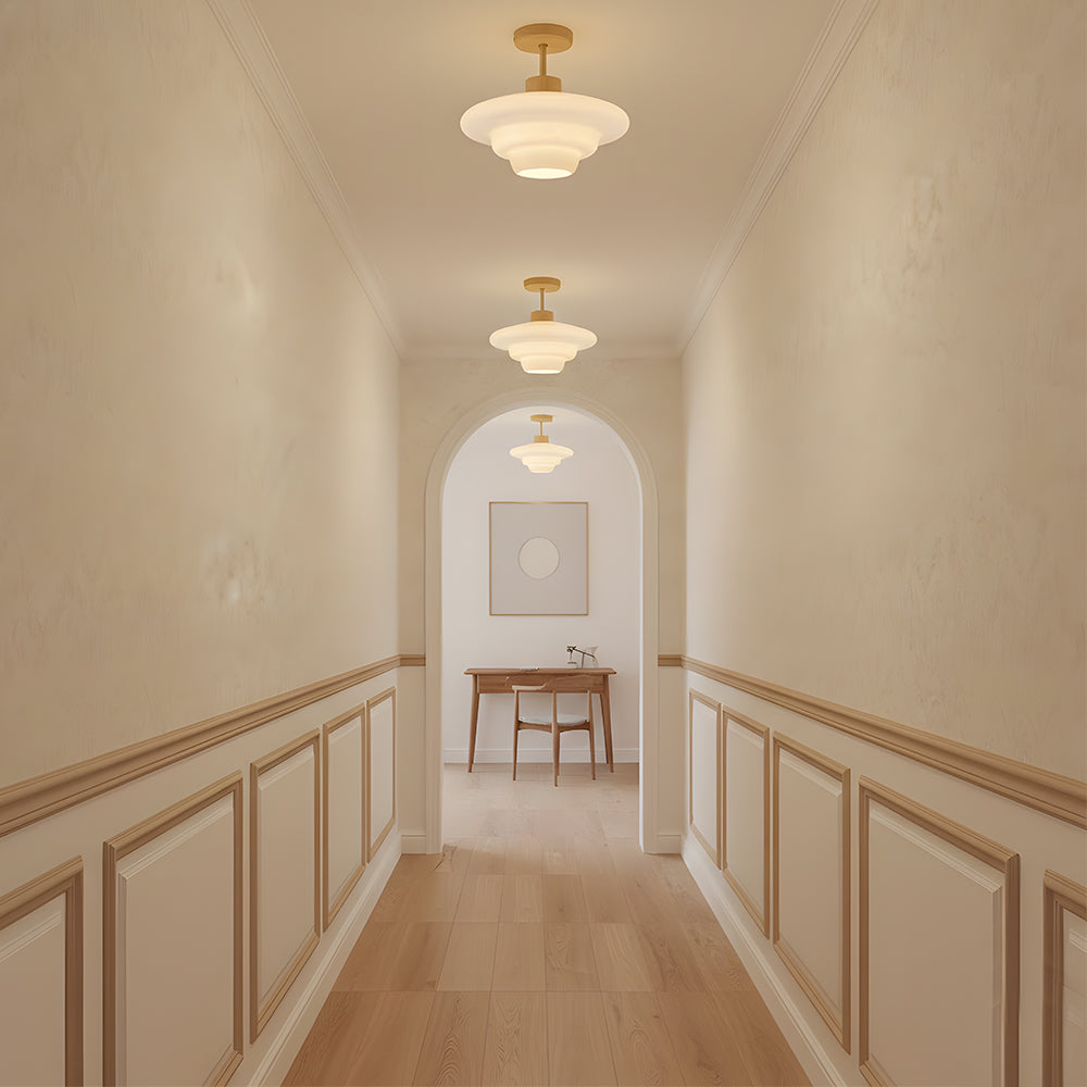 Cream Glass Flush Mount Ceiling Light, Eye-Care LED, Wood Accent, Soft Glow
