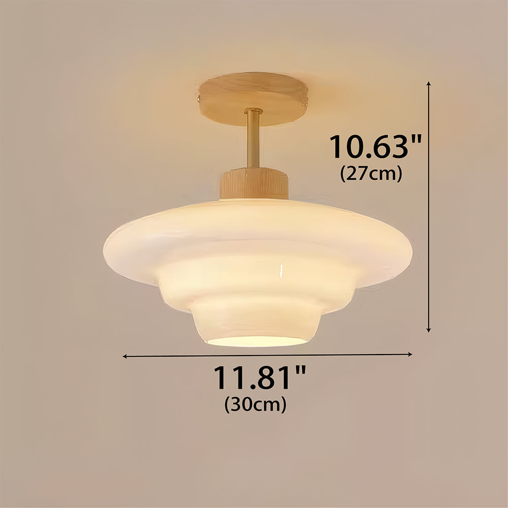 Cream Glass Flush Mount Ceiling Light, Eye-Care LED, Wood Accent, Soft Glow