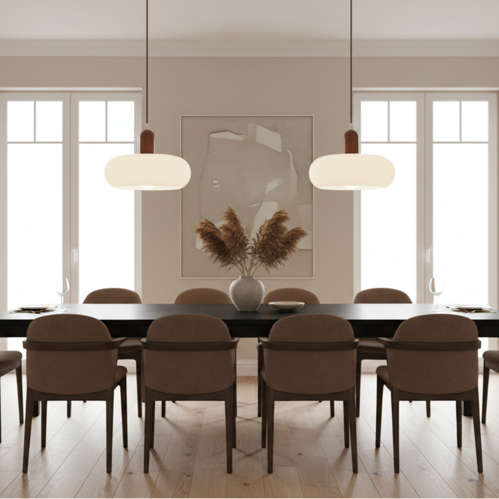 Cream Pendant Light, Wood Glass, Adjustable Height, Nordic Kitchen Lamp