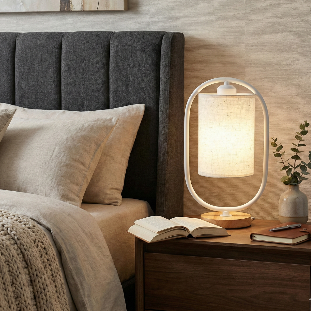 Solid Wood Table Lamp, Linen Shade, Nordic Dimmable, White Black, Bedside