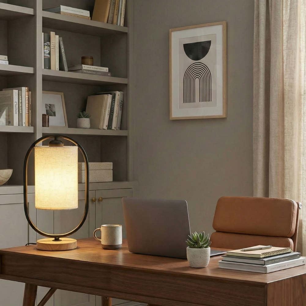 Solid Wood Table Lamp, Linen Shade, Nordic Dimmable, White Black, Bedside