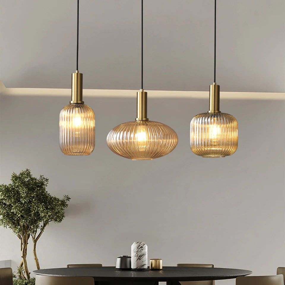 Ribbed Glass Pendant Light, Brass Finish, Adjustable Height, Amber, Kitchen