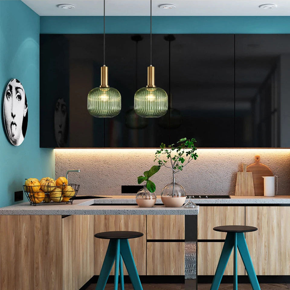 Nordic Glass Pendant Light with Adjustable Height & Brass Finish | Stylish Kitchen Pendant Lighting for Warm Ambience