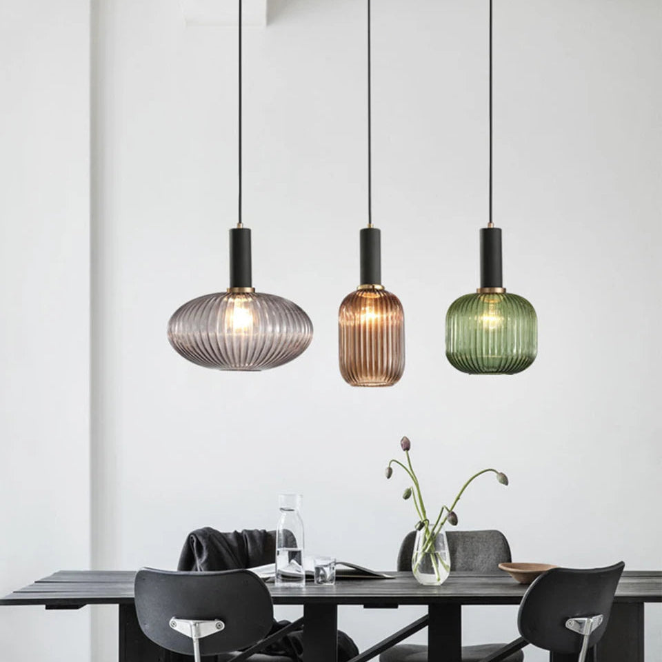 Ribbed Glass Pendant Light, Brass Finish, Adjustable Height, Amber, Kitchen