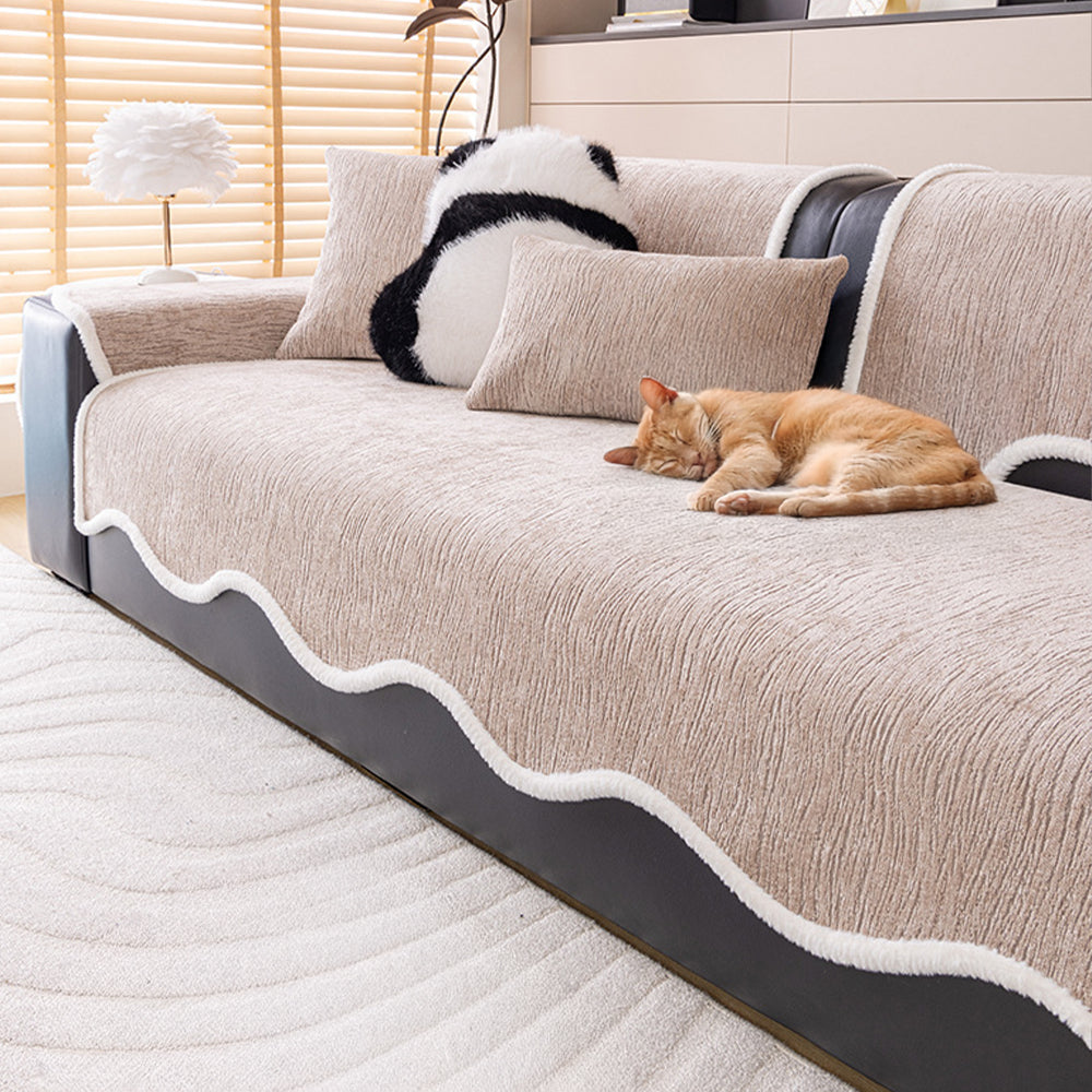 Chenille Couch Cover with White Trim and Non Slip Backing