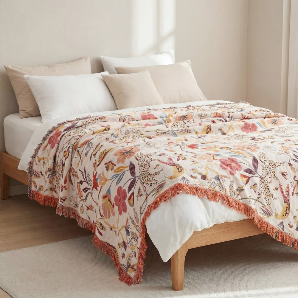 Reversible Cotton Botanical Throw Blanket for Sofa or Bed