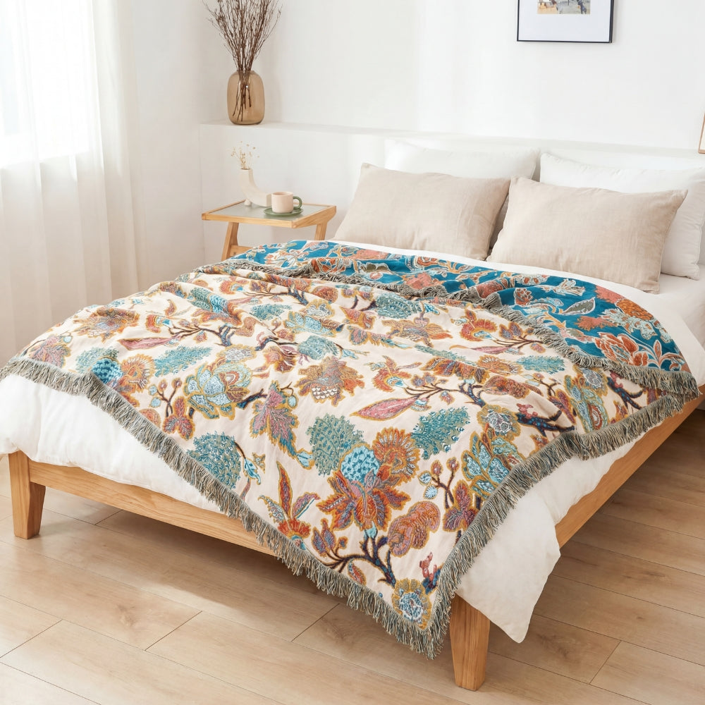 Cotton Ornamental Floral Throw Blanket for Sofa or Bed
