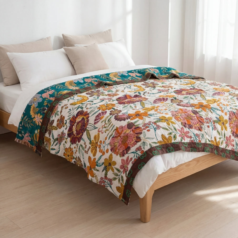 Reversible Cotton Floral Throw Blanket for Sofa or Bed