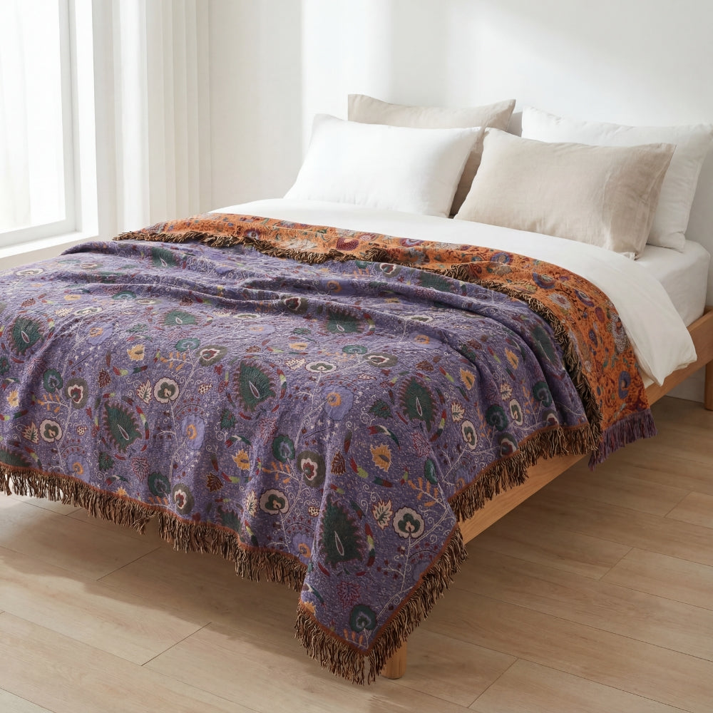 Cotton Peacock Tassel Throw Blanket for Sofa Bed or Decorative Use