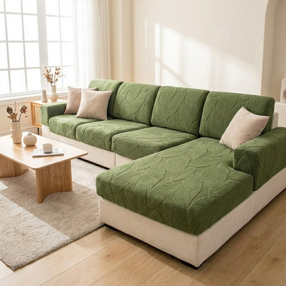 Velvet Leaf Stretch Sofa Cover with Waterproof Full Wrap Design