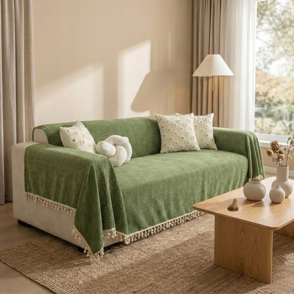 Herringbone Tassel Chenille Sofa Cover for Pet Friendly Homes