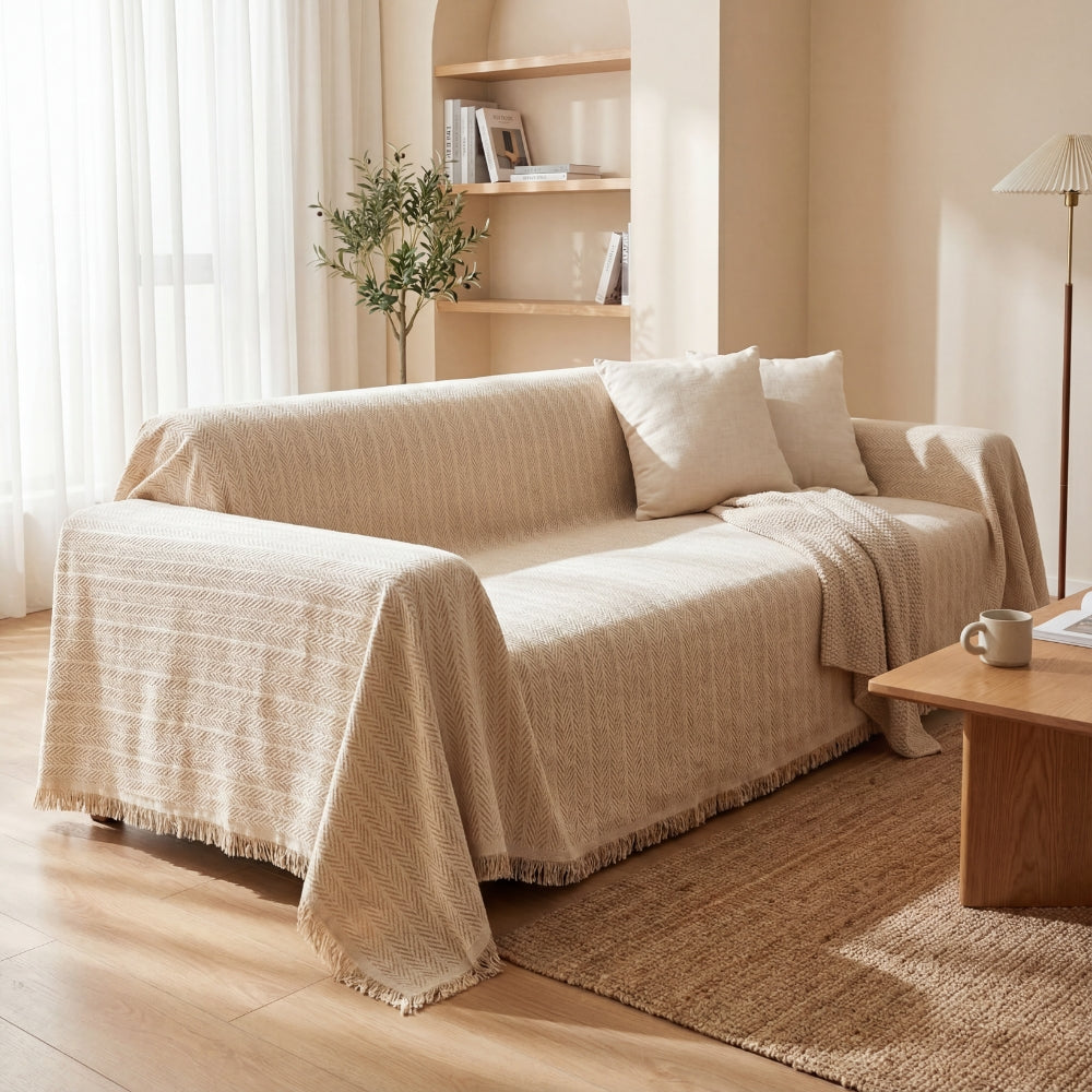 Chenille Herringbone Sofa Cover with Decorative Tassel Edges