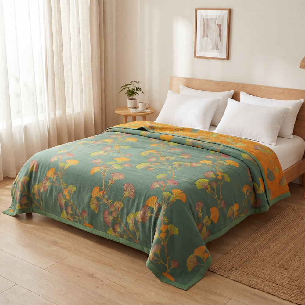 Reversible Ginkgo Jacquard Cotton Quilt for Bed Layering