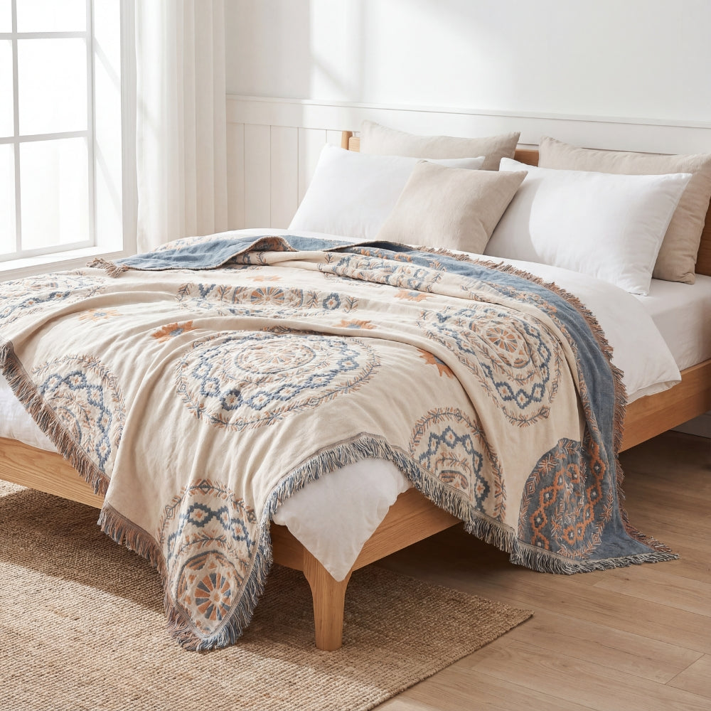 Cotton Mandala Throw Blanket for Sofa Bed or Living Space