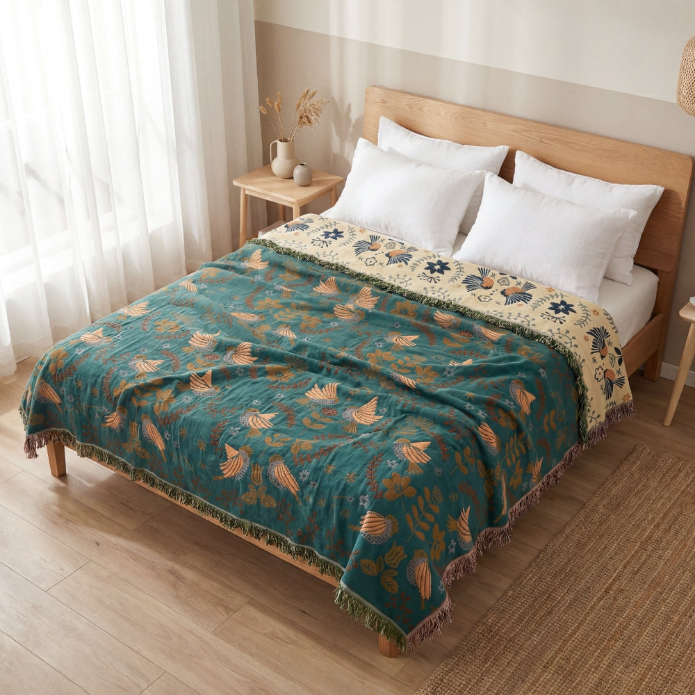Boho Floral Bird Cotton Quilt for Bed and Sofa Styling