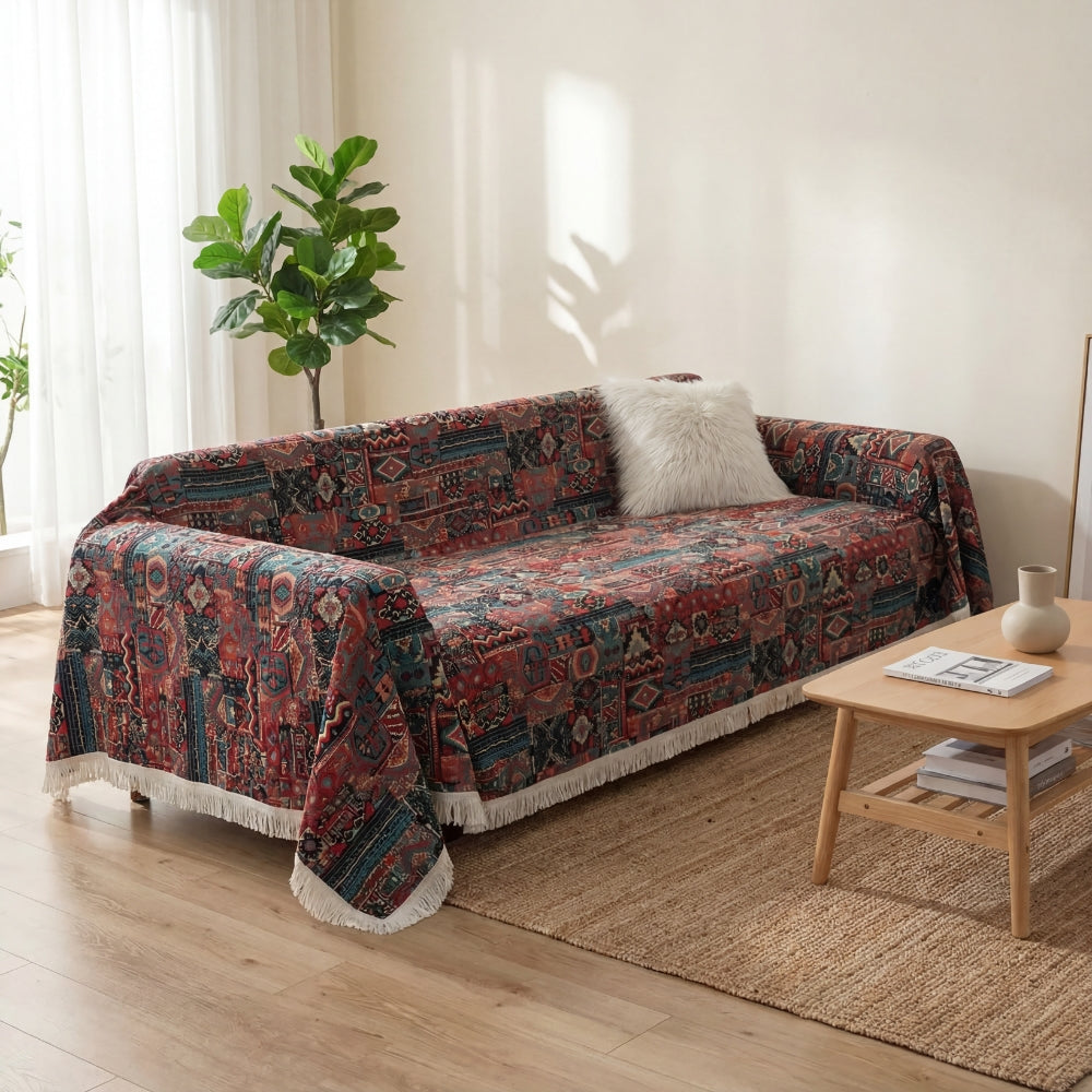 Casablanca Bohemian Chenille Sofa Cover with Tassel Detail