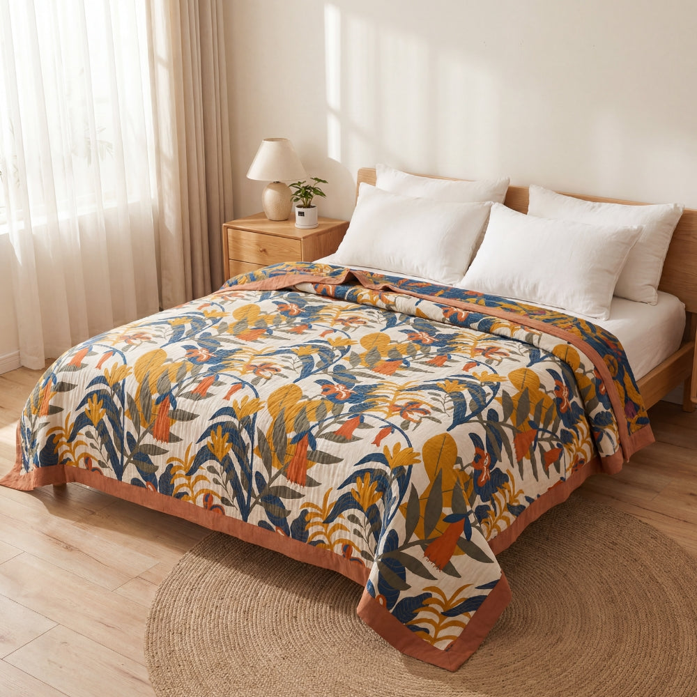 Goldenrod Floral Cotton Quilt for Bed and Sofa Styling
