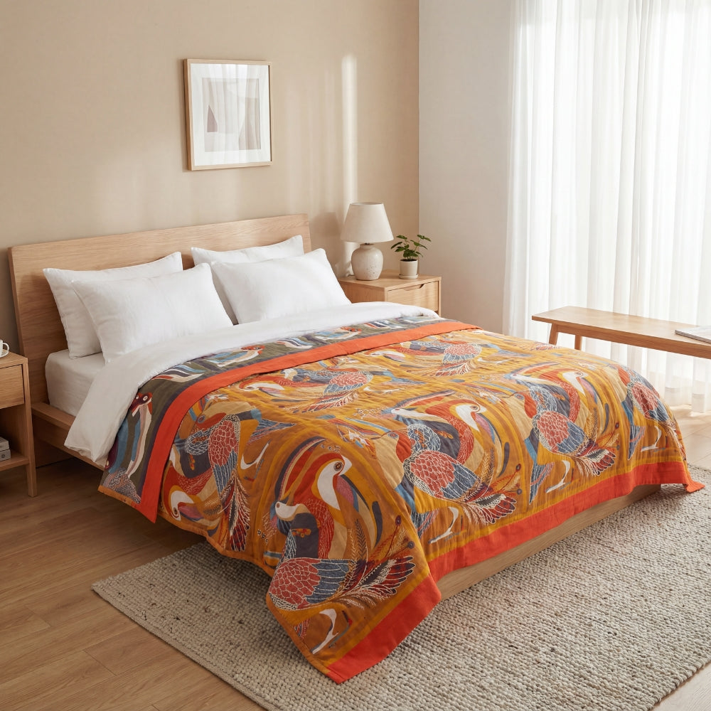Toucan Bird Cotton Quilt with Reversible Soft Woven Design