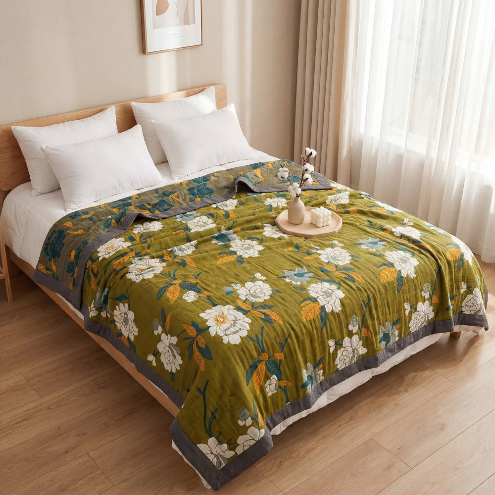 Olive Floral Jacquard Cotton Quilt for Bed and Sofa Use