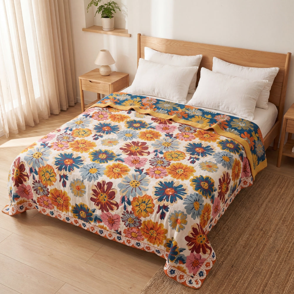 Colorful Floral Cotton Quilt with Reversible Woven Finish