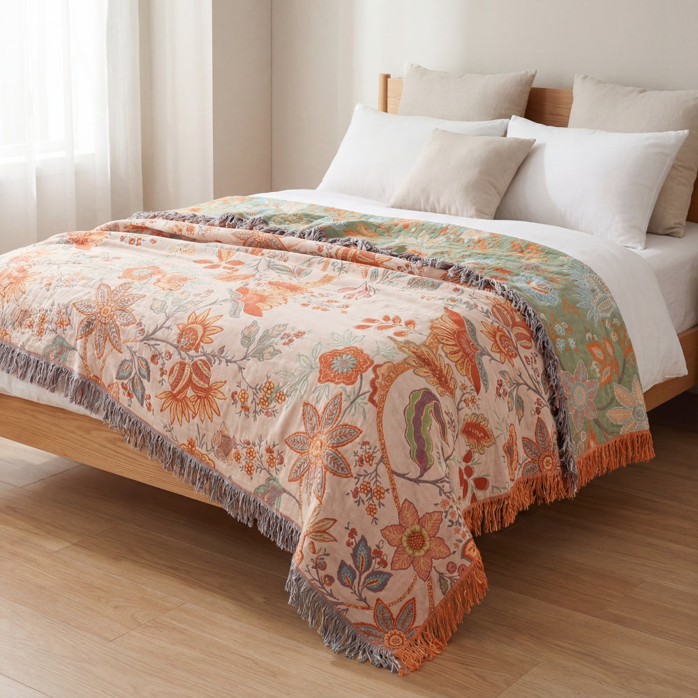 Cotton Floral Throw Blanket for Sofa Bed or Living Space