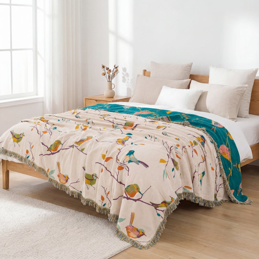 Cotton Bird Pattern Throw Blanket for Sofa Bed or Lounge