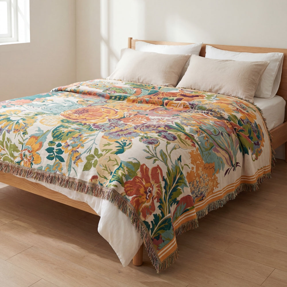 Reversible Cotton Jacquard Floral Throw Blanket for Bed or Sofa