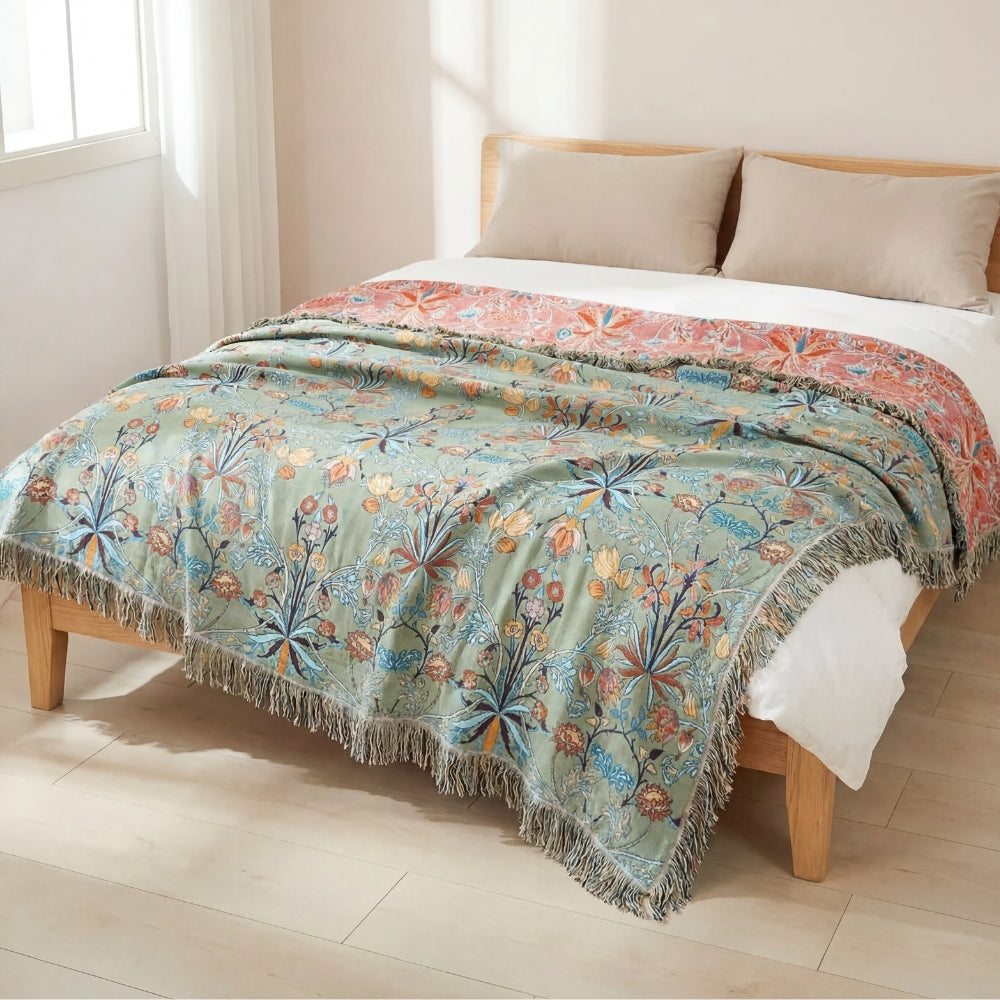 Reversible Cotton Floral Throw Blanket for Bed or Sofa