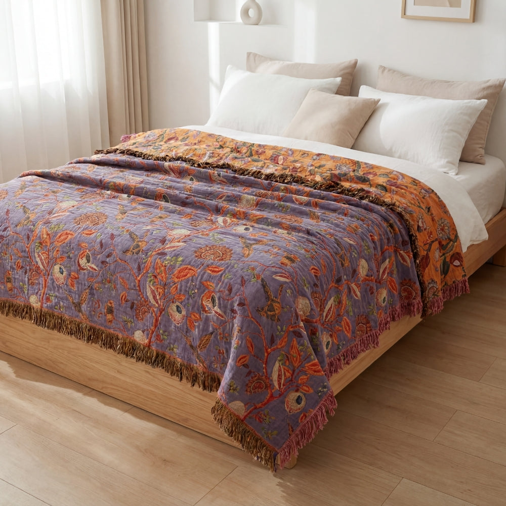 Reversible Cotton Floral Tassel Throw Blanket for Sofa Bed