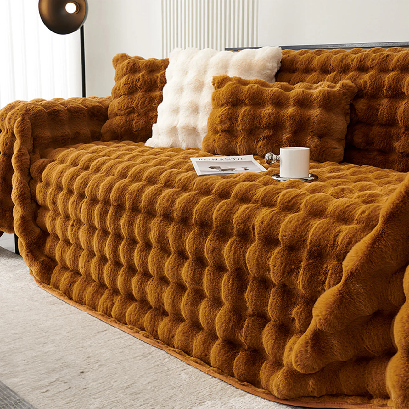 Luxe Ripple Faux Fur Sofa Cover for Soft Modern Elegance