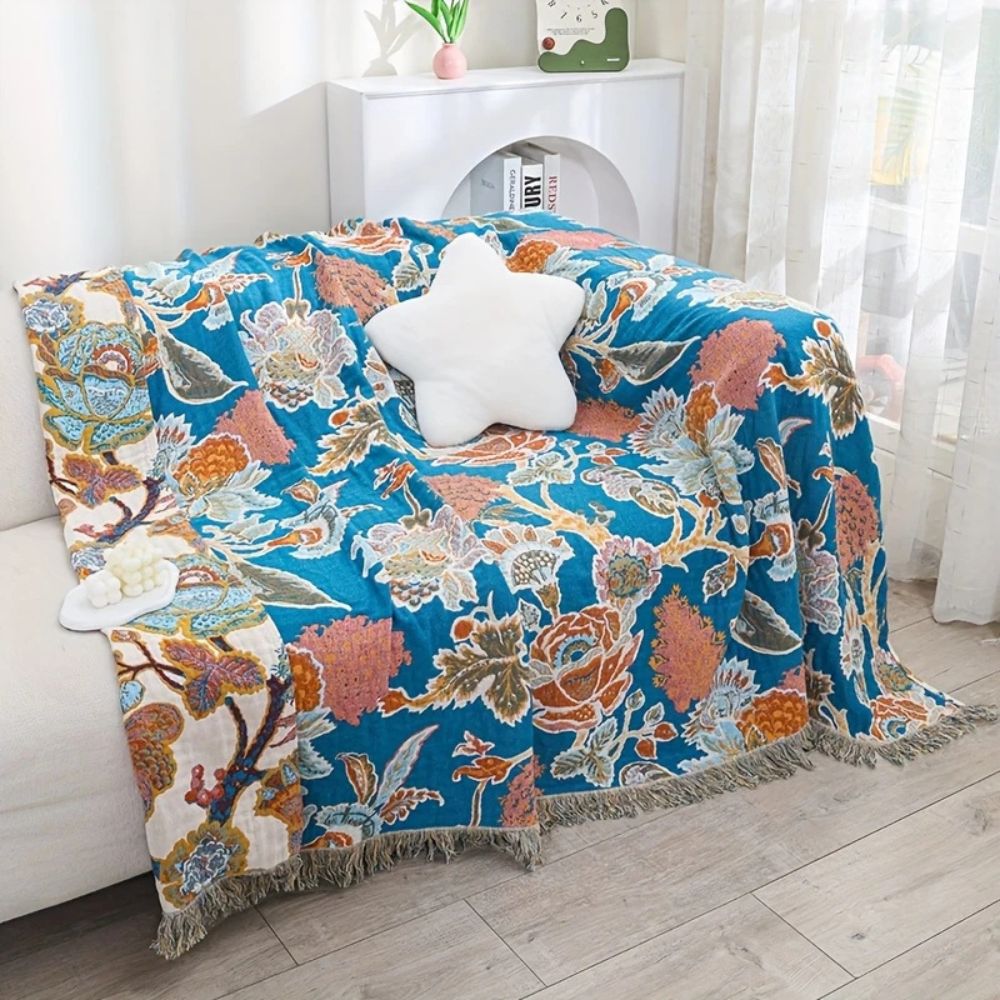 Cotton Ornamental Floral Throw Blanket for Sofa or Bed