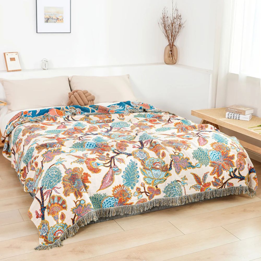 Cotton Ornamental Floral Throw Blanket for Sofa or Bed