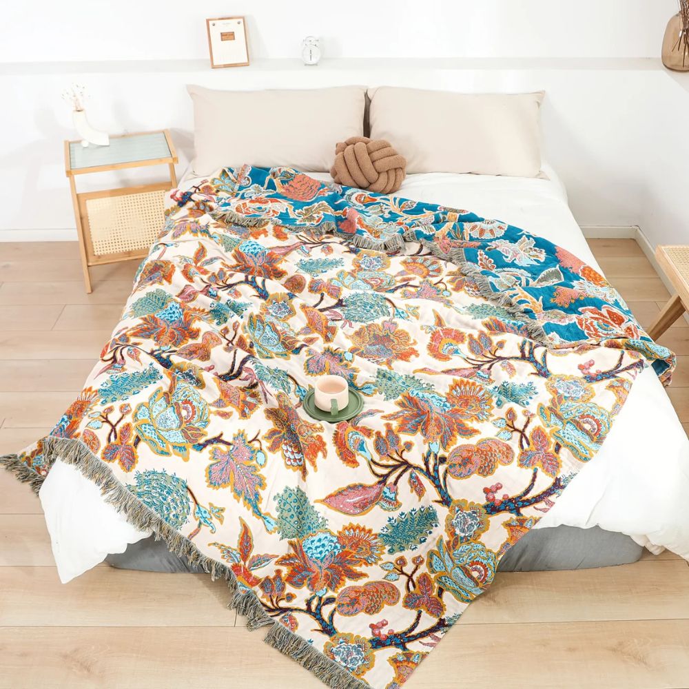Cotton Ornamental Floral Throw Blanket for Sofa or Bed