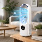 Personal mini bladeless air cooler in white and blue
