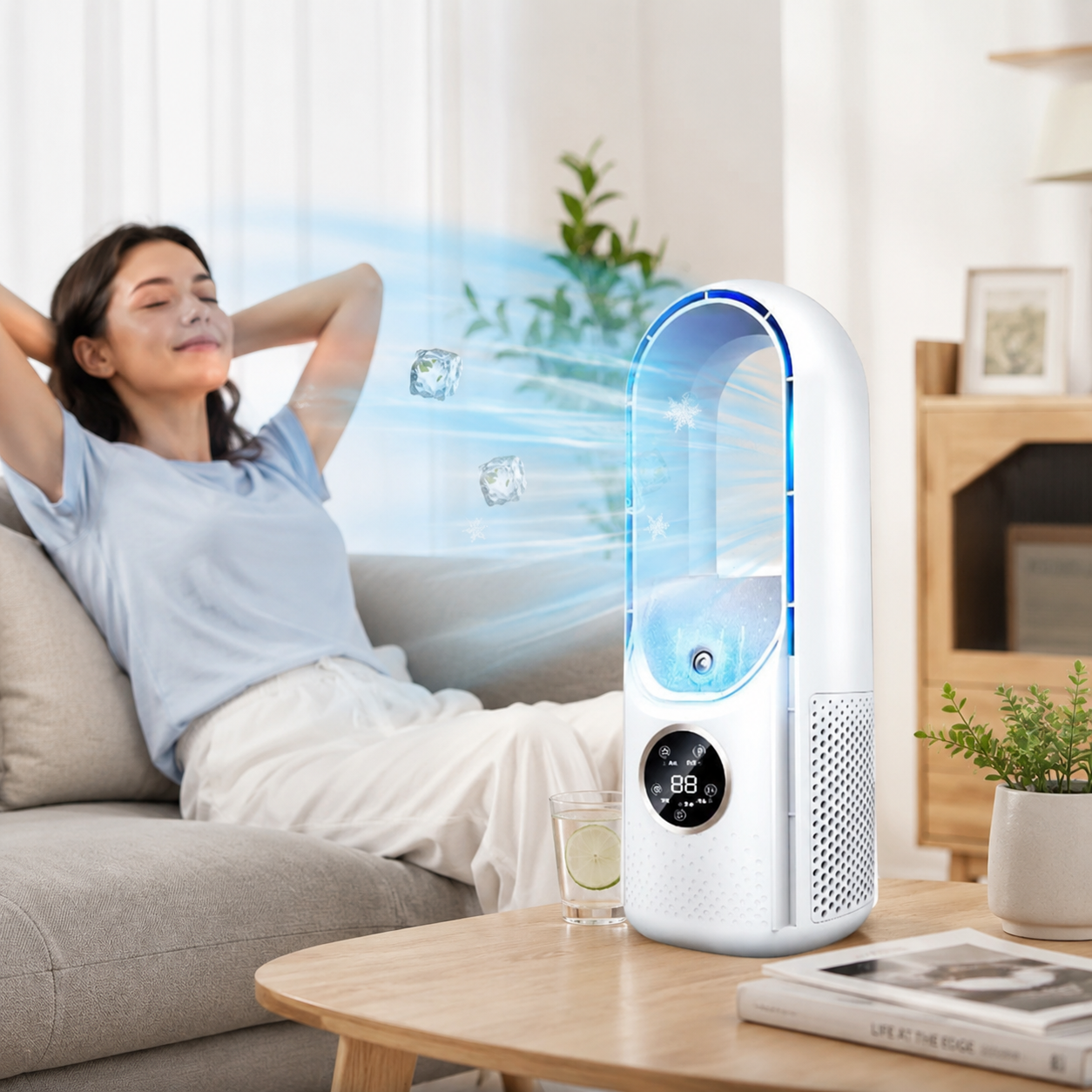 Personal mini bladeless air cooler in white and blue