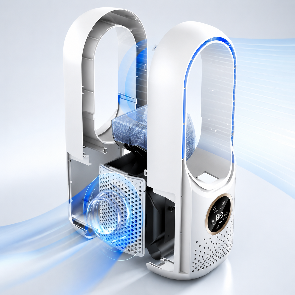 Personal mini bladeless air cooler in white and blue