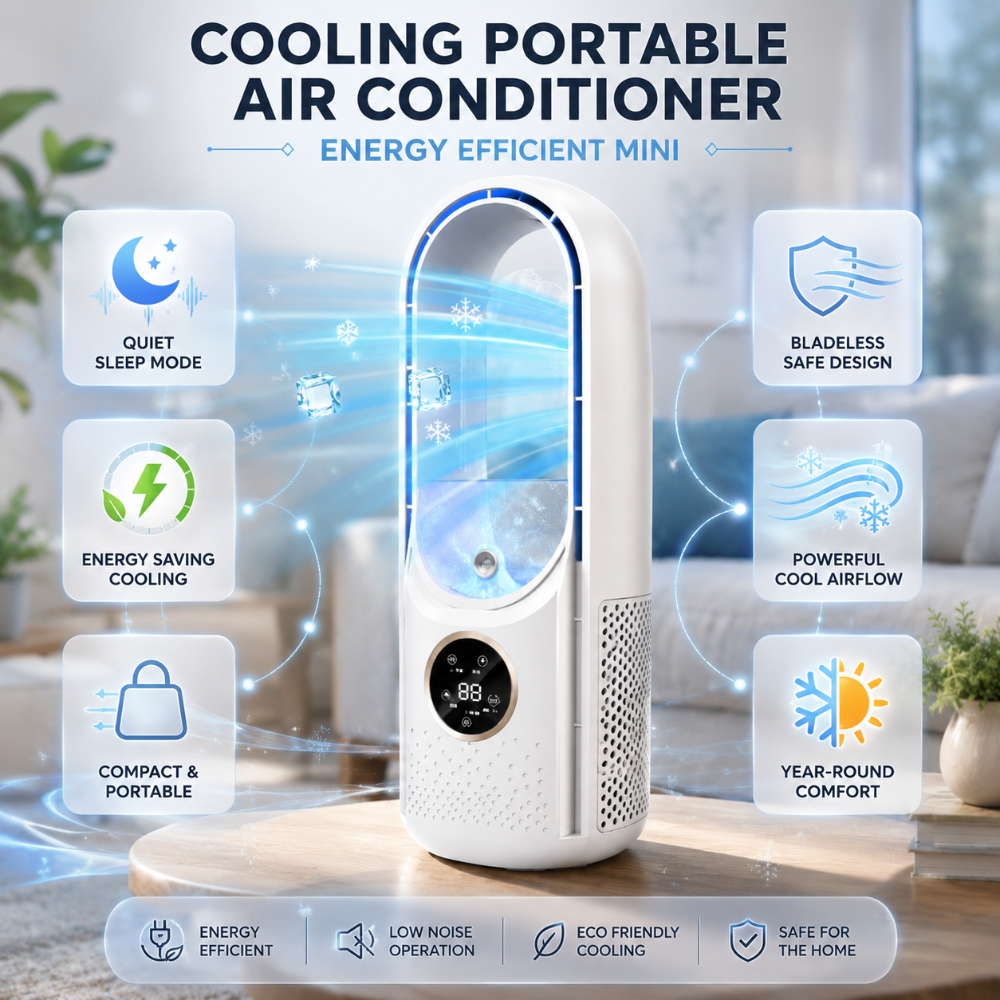 Personal mini bladeless air cooler in white and blue