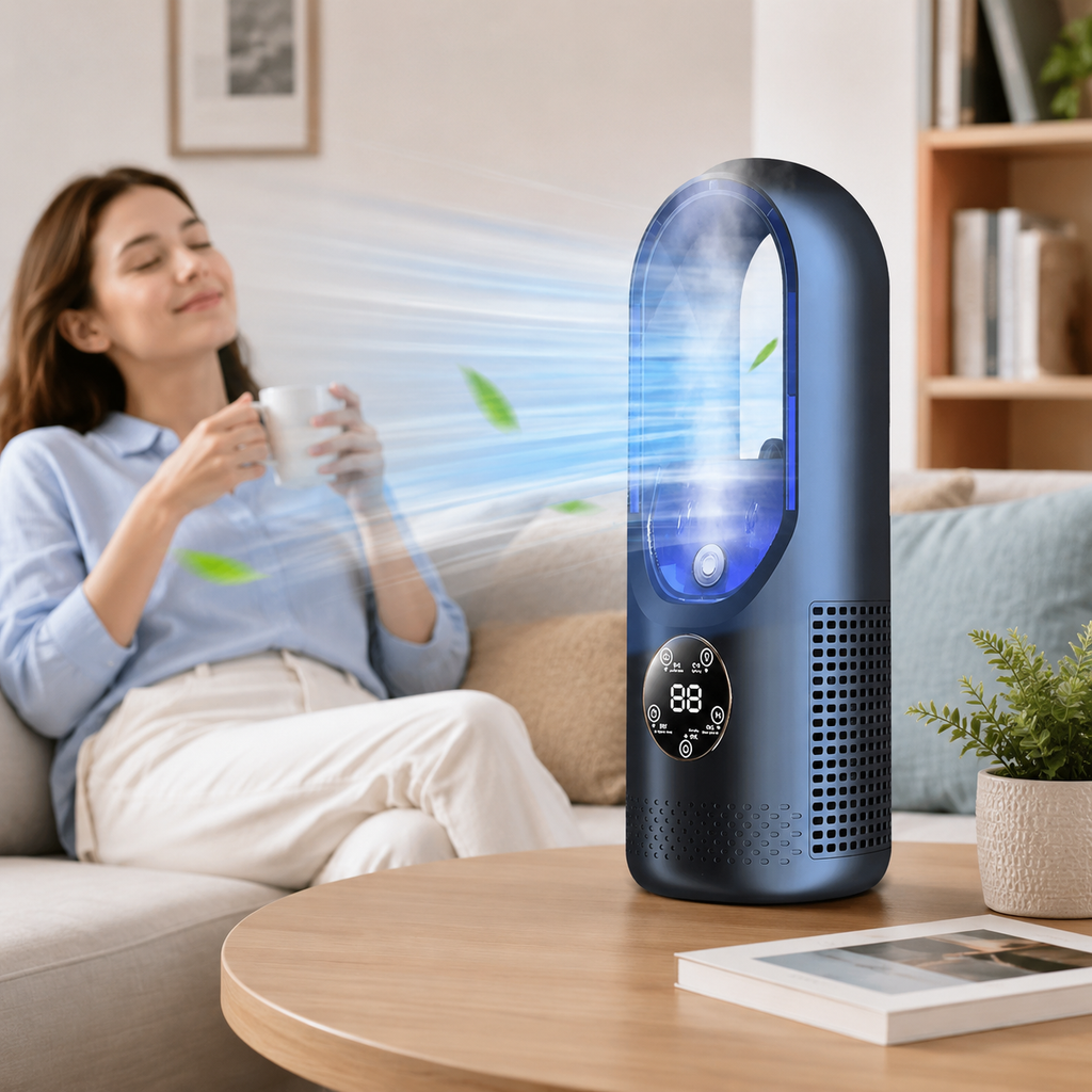 Personal mini bladeless air cooler in white and blue