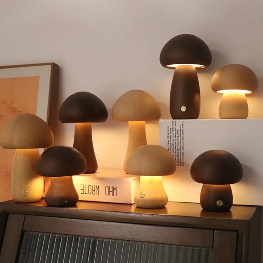 Wooden Mushroom Lamp Dimmable USB Table Light
