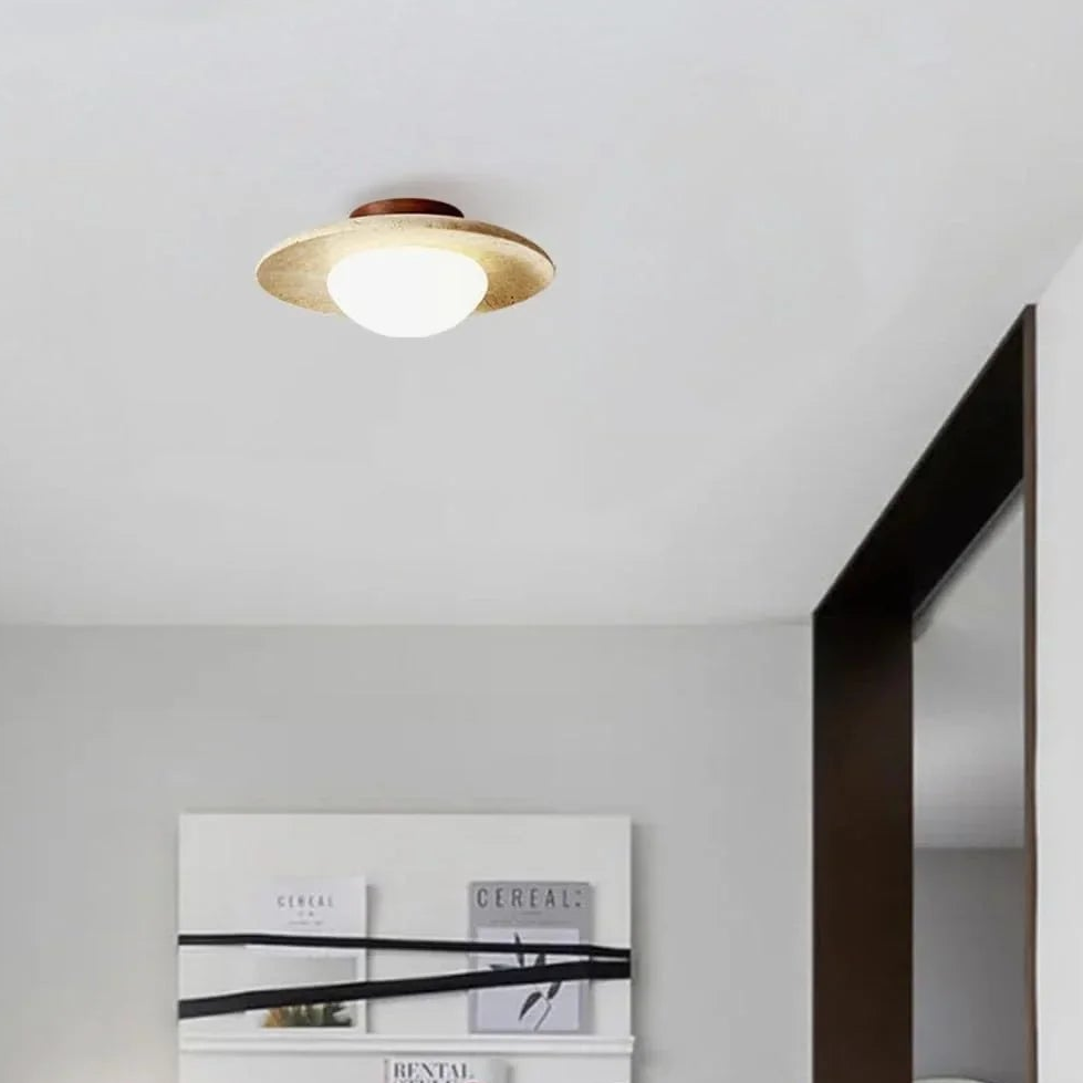 Sculptural Flush Mount Ceiling Light with Frosted Glass Globe | Natural Travertine for Elegant Home Illumination