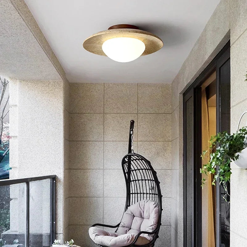 Sculptural Flush Mount Ceiling Light with Frosted Glass Globe | Natural Travertine for Elegant Home Illumination