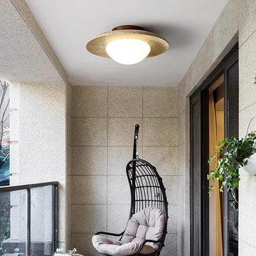 Sculptural Flush Mount Ceiling Light with Frosted Glass Globe | Natural Travertine for Elegant Home Illumination